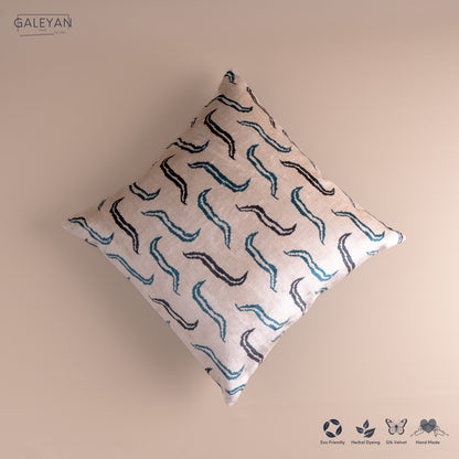 Silk Velvet Ikat Cushion – Off White/Midnight Indigo/Turquoise