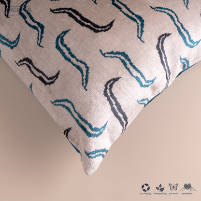 Silk Velvet Ikat Cushion – Off White/Midnight Indigo/Turquoise