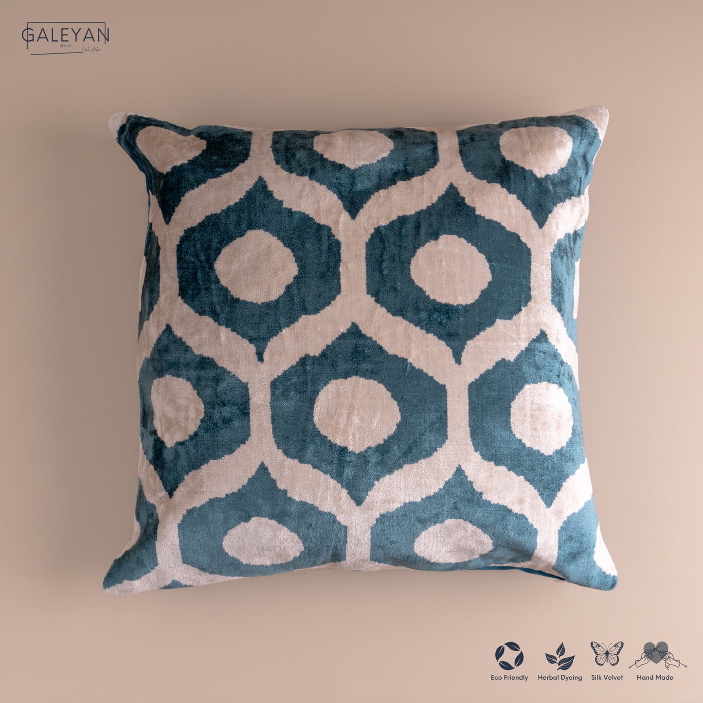 Silk Velvet Ikat Cushion – Off White/Turquoise