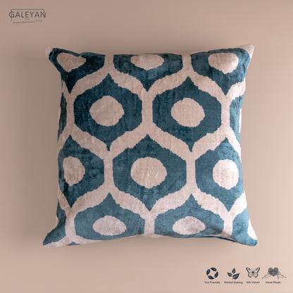 Silk Velvet Ikat Cushion – Off White/Turquoise