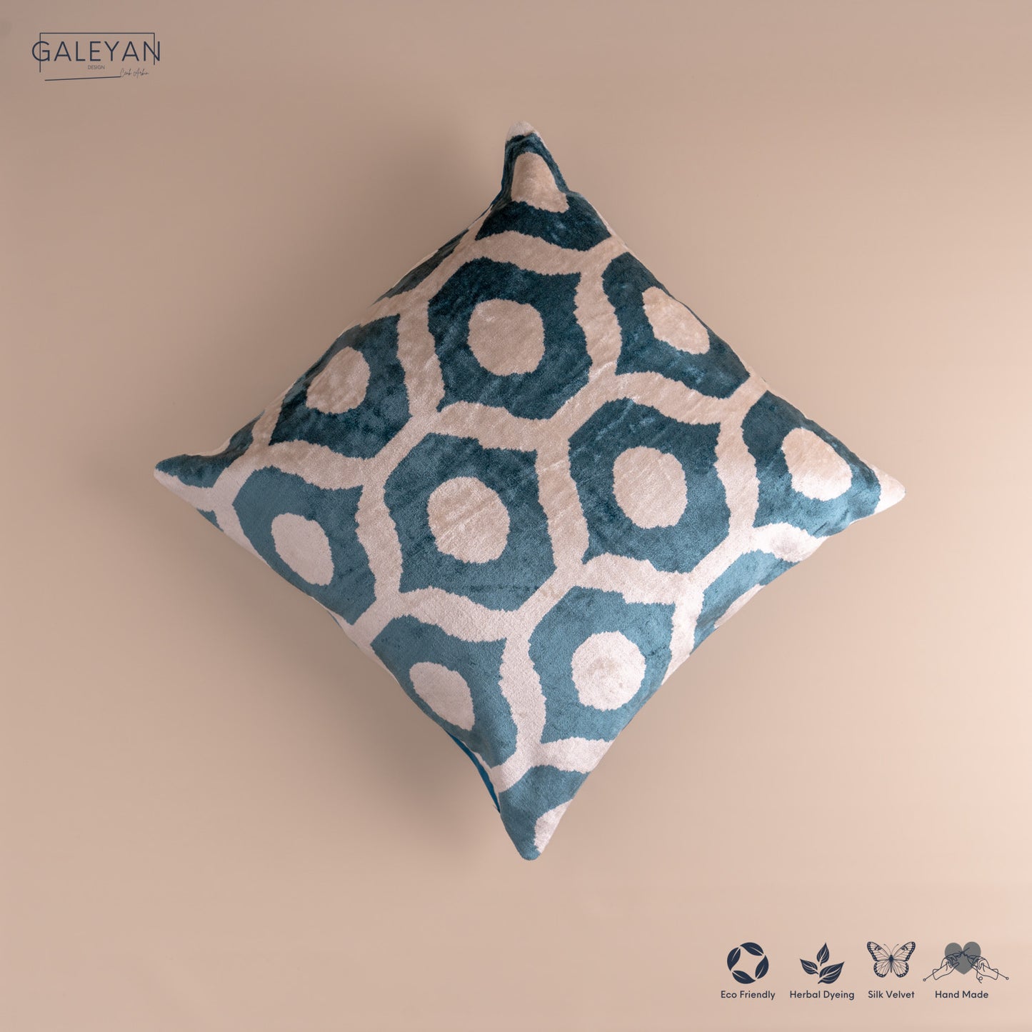 Silk Velvet Ikat Cushion – Off White/Turquoise