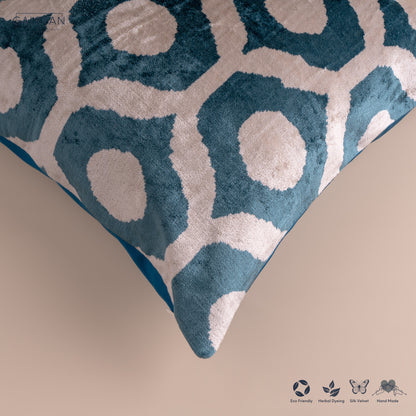 Silk Velvet Ikat Cushion – Off White/Turquoise