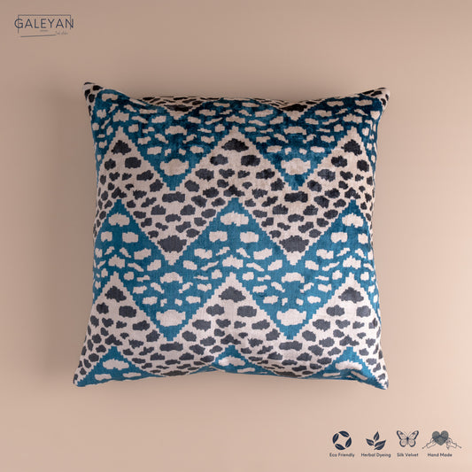 Silk Velvet Ikat Cushion – Off White/Turquoise/Midnight Indigo