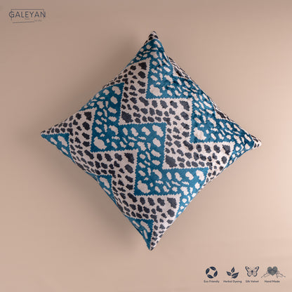 Silk Velvet Ikat Cushion – Off White/Turquoise/Midnight Indigo