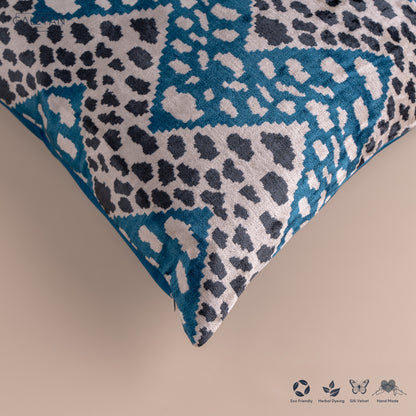 Silk Velvet Ikat Cushion – Off White/Turquoise/Midnight Indigo