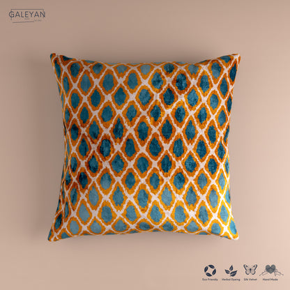 Silk Velvet Ikat Cushion – Off White/Saffron Gold/Turquoise
