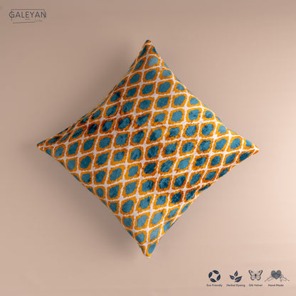 Silk Velvet Ikat Cushion – Off White/Saffron Gold/Turquoise