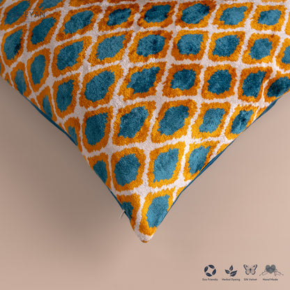 Silk Velvet Ikat Cushion – Off White/Saffron Gold/Turquoise