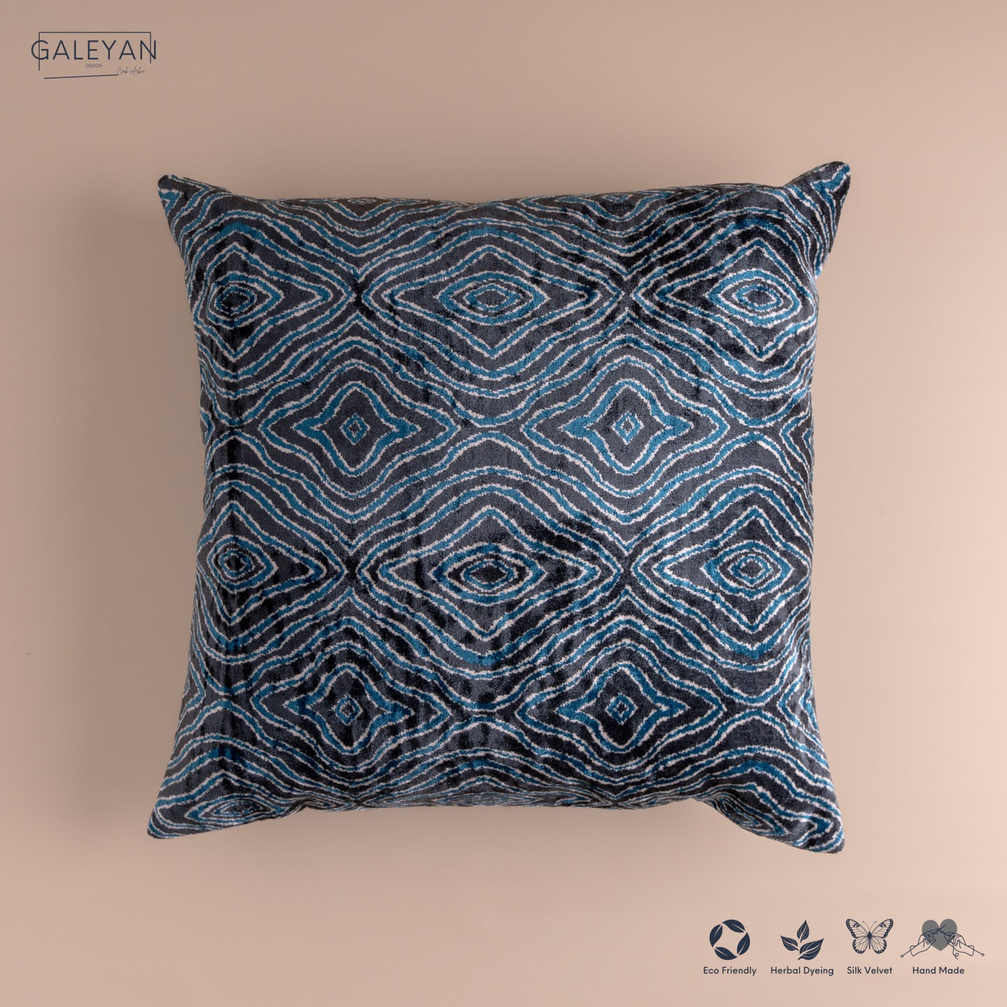 Silk Velvet Ikat Cushion – Off White/Midnight Indigo/Turquoise
