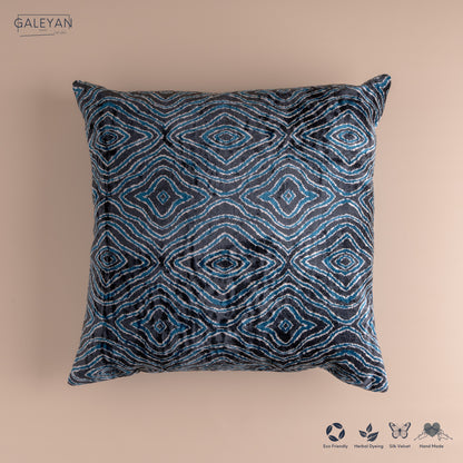 Silk Velvet Ikat Cushion – Off White/Midnight Indigo/Turquoise