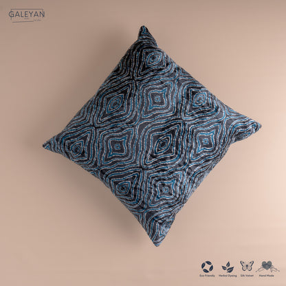 Silk Velvet Ikat Cushion – Off White/Midnight Indigo/Turquoise