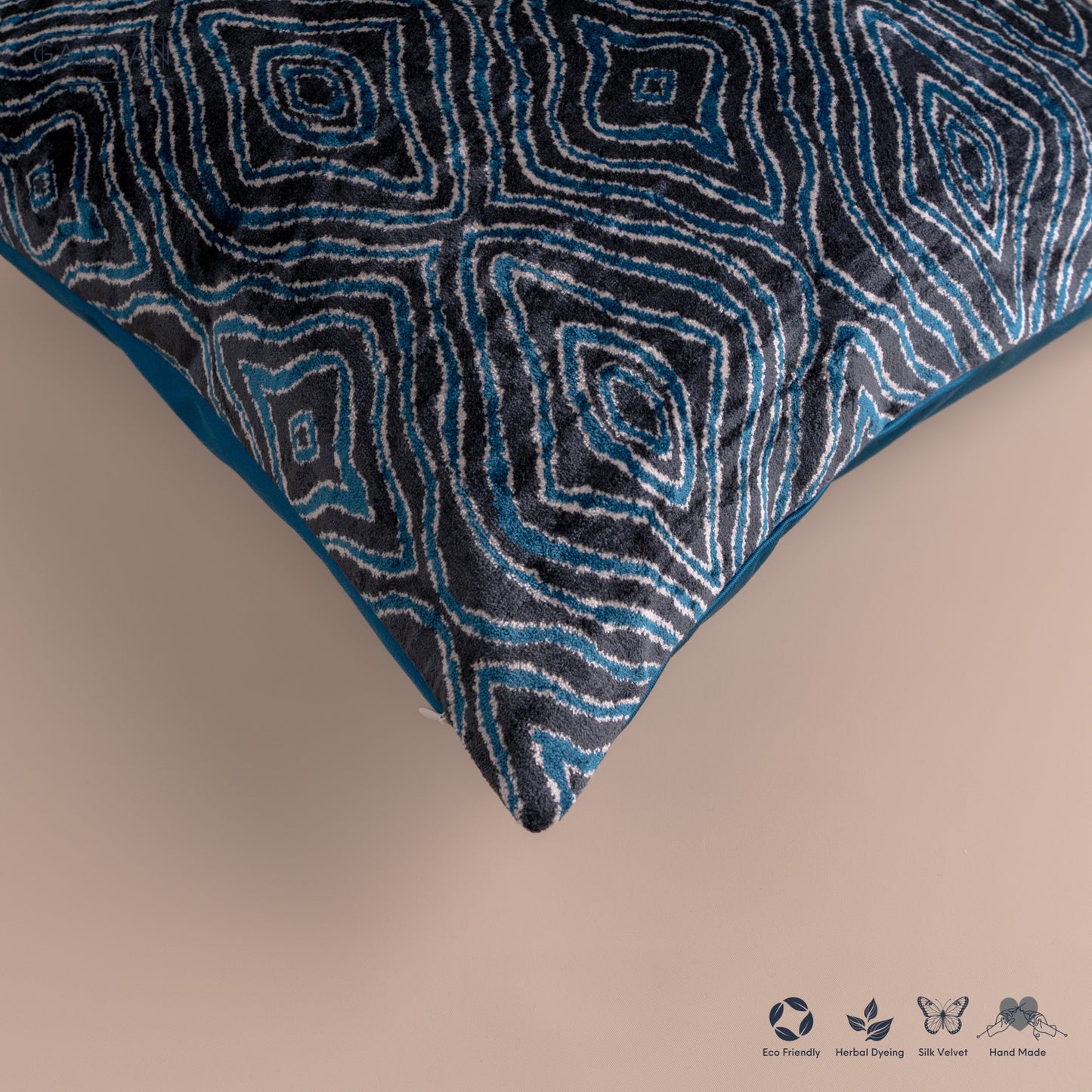 Silk Velvet Ikat Cushion – Off White/Midnight Indigo/Turquoise