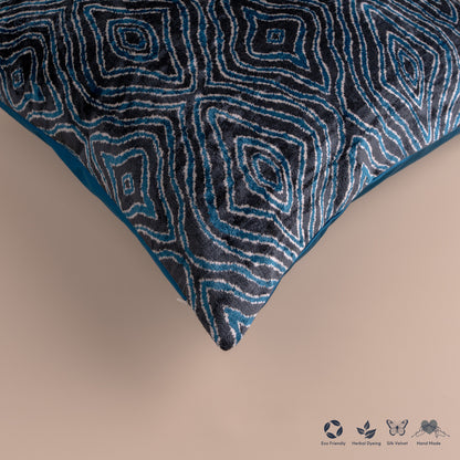 Silk Velvet Ikat Cushion – Off White/Midnight Indigo/Turquoise