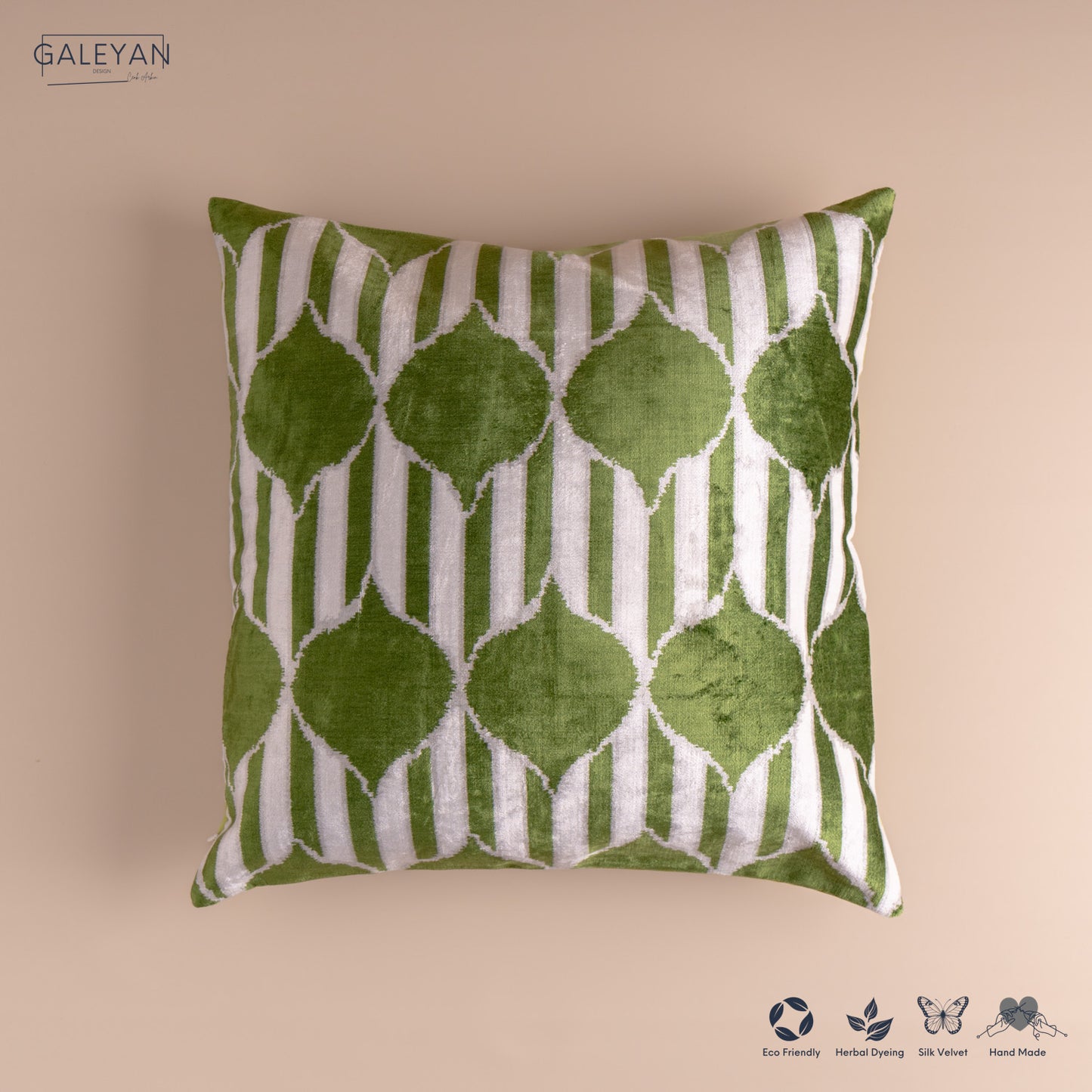 Silk Velvet Ikat Cushion – Off White/Green