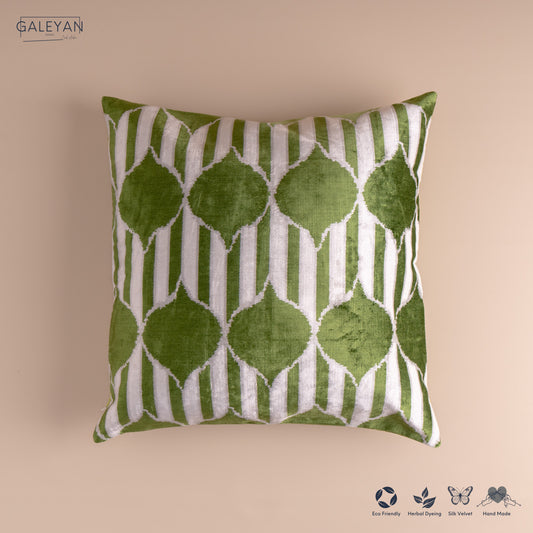 Silk Velvet Ikat Cushion – Off White/Green