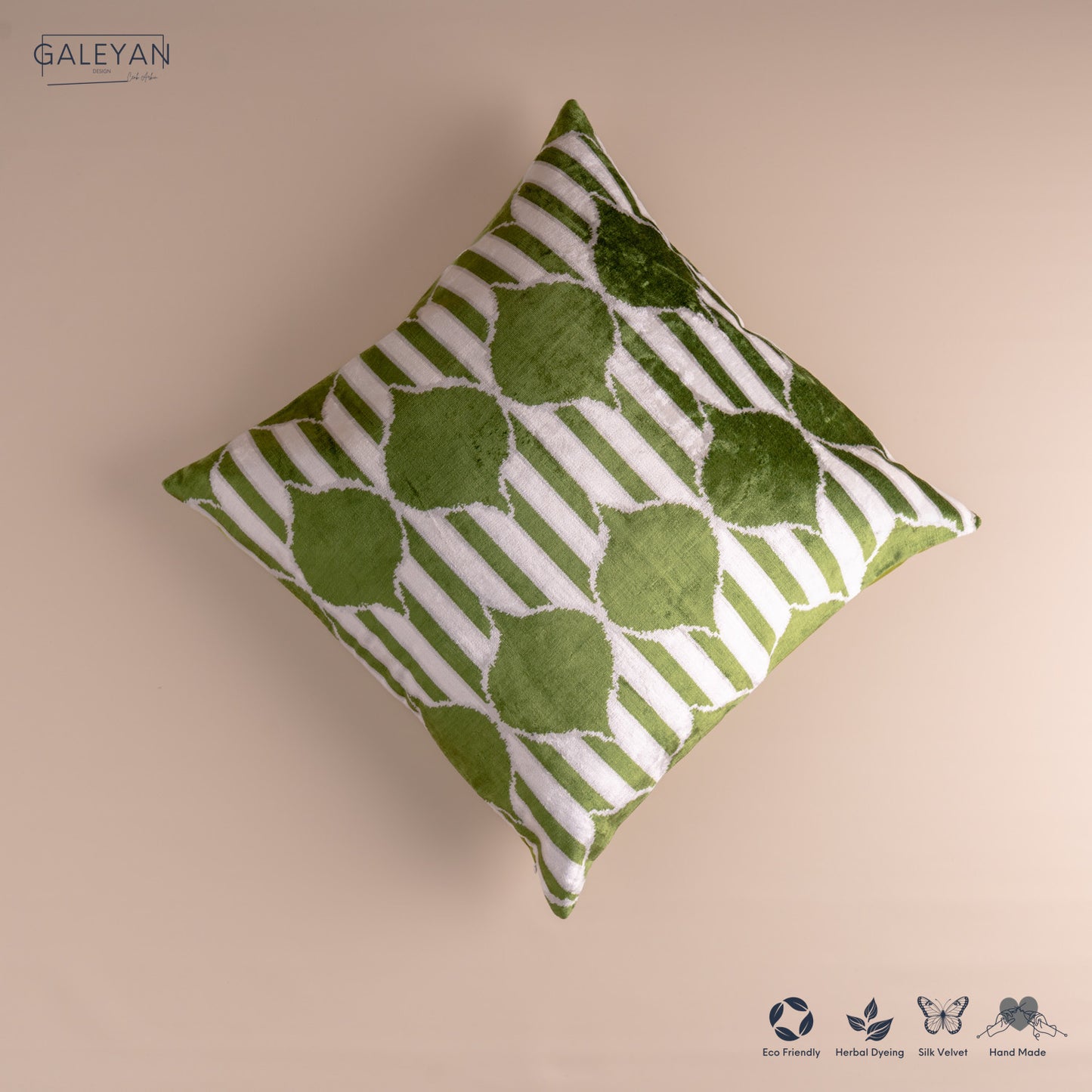 Silk Velvet Ikat Cushion – Off White/Green