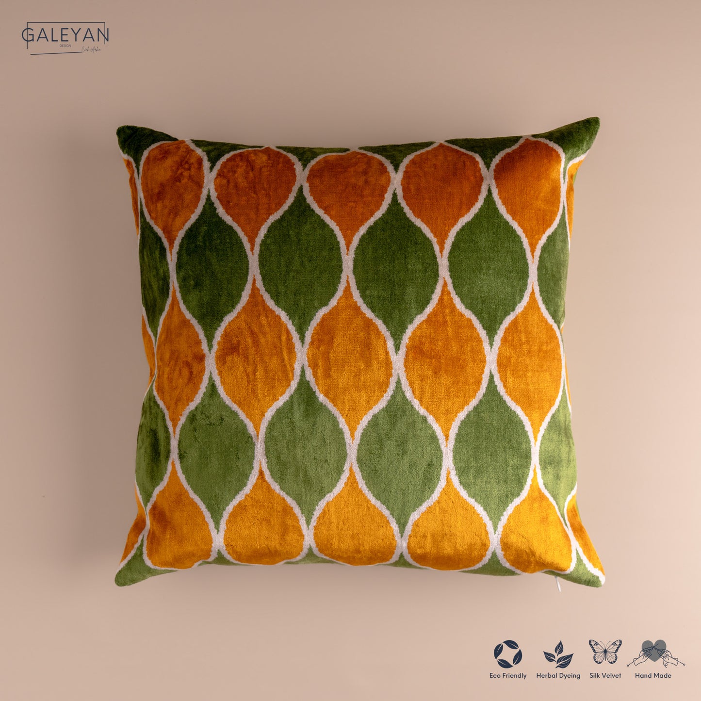Silk Velvet Ikat Cushion – Off White/Green/Saffron Gold