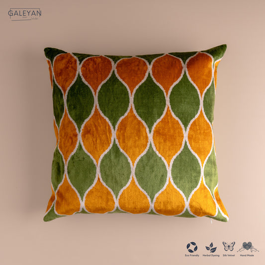 Silk Velvet Ikat Cushion – Off White/Green/Saffron Gold