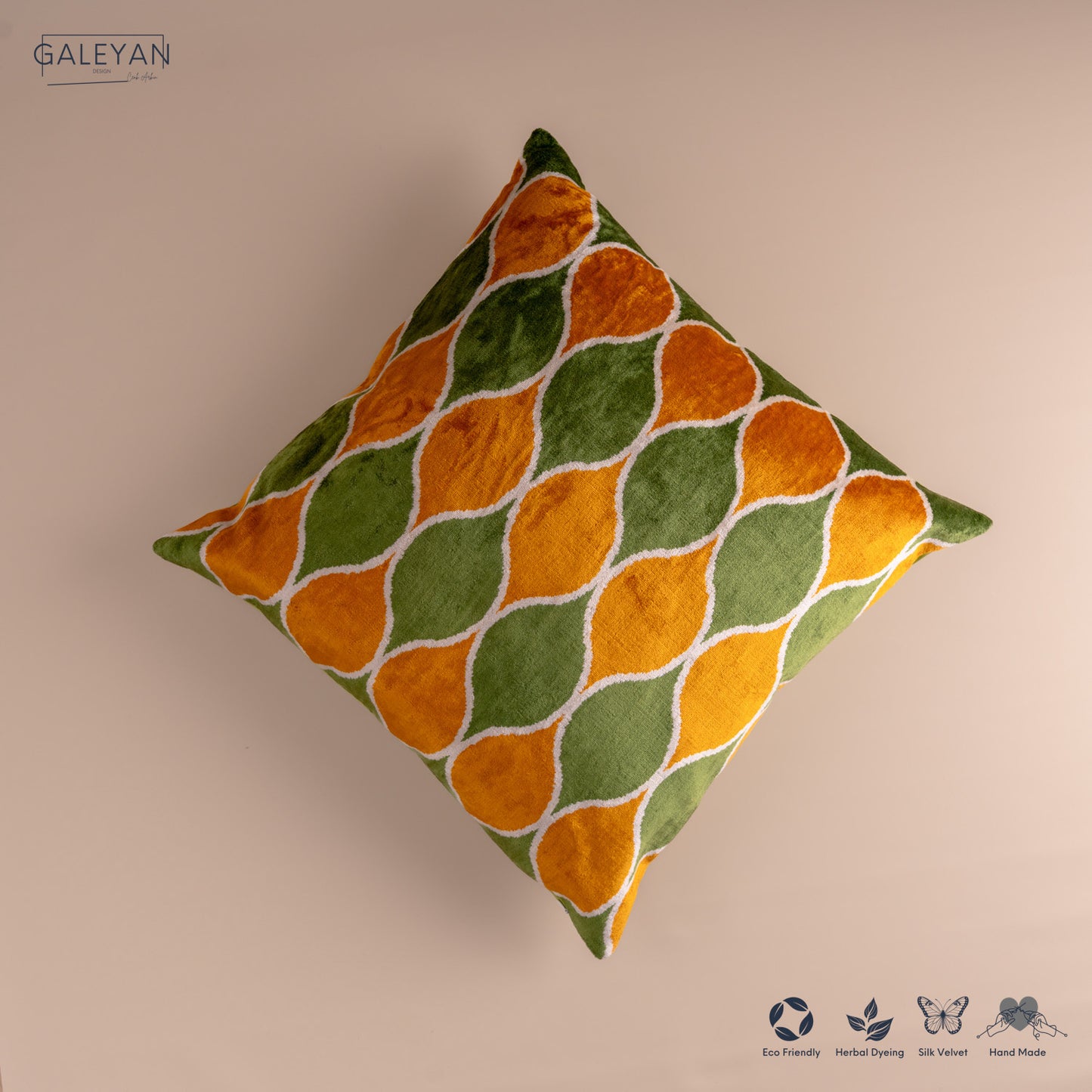 Silk Velvet Ikat Cushion – Off White/Green/Saffron Gold