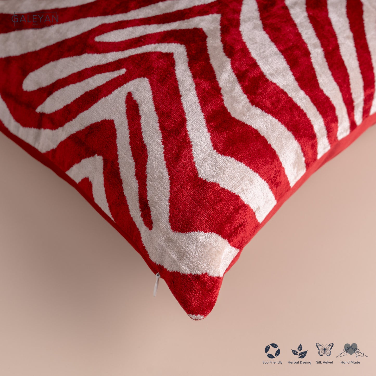 Silk Velvet Ikat Cushion – Off White/Red