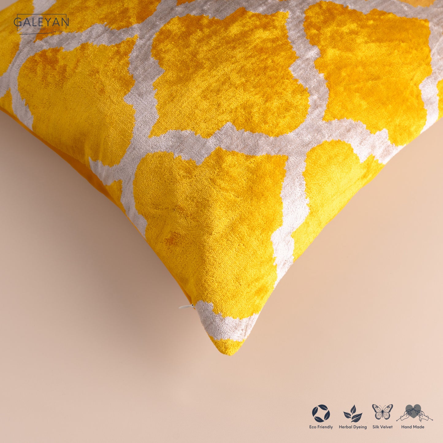 Silk Velvet Ikat Cushion – Off White/Yellow