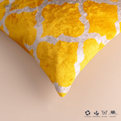 Silk Velvet Ikat Cushion – Off White/Yellow