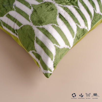 Silk Velvet Ikat Cushion – Off White/Green