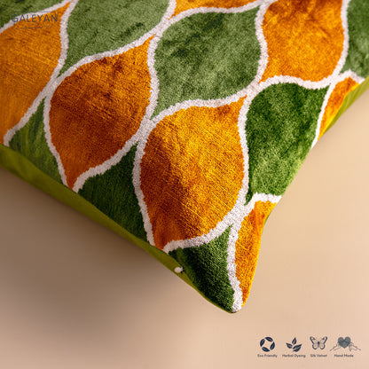Silk Velvet Ikat Cushion – Off White/Green/Saffron Gold