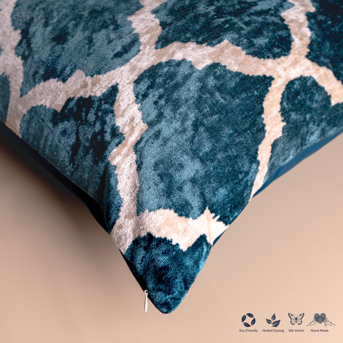 Silk Velvet Ikat Cushion – Off White /Turquoise