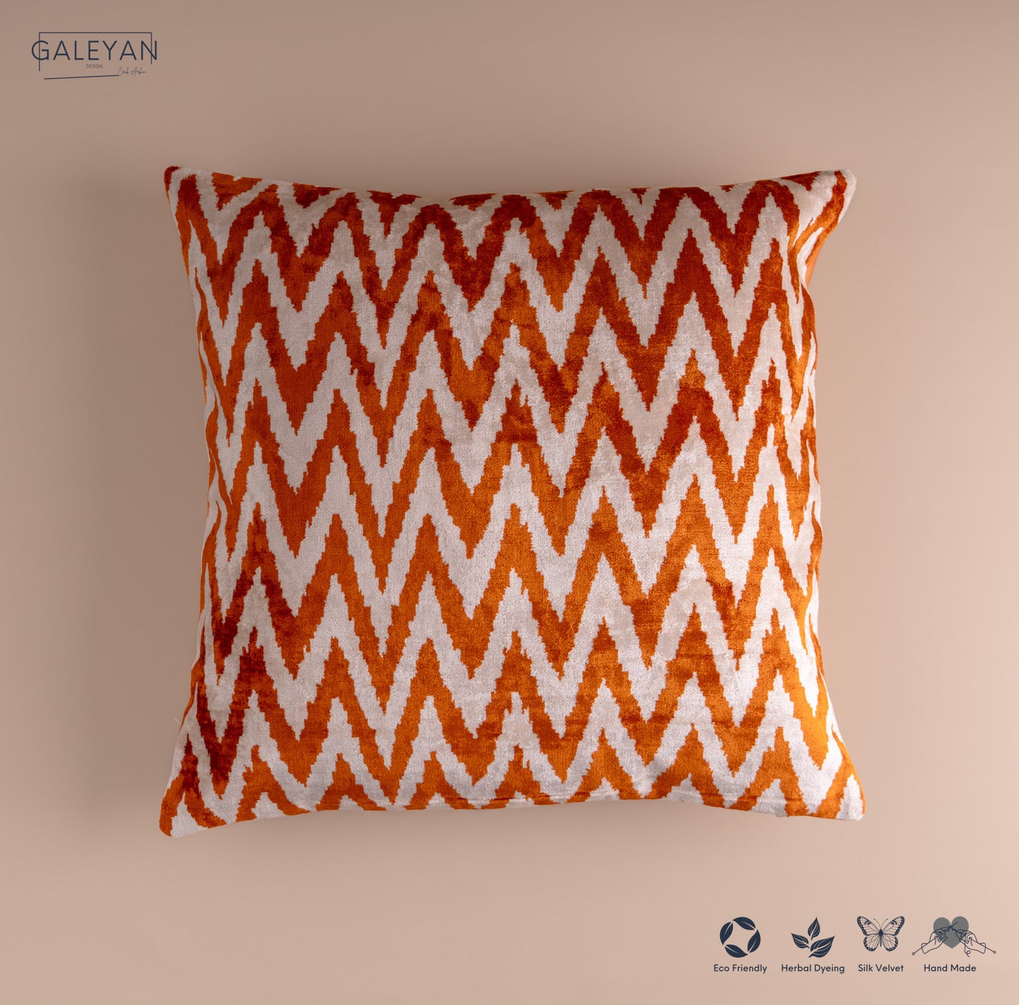 Silk Velvet Ikat Cushion – Off White/Amber