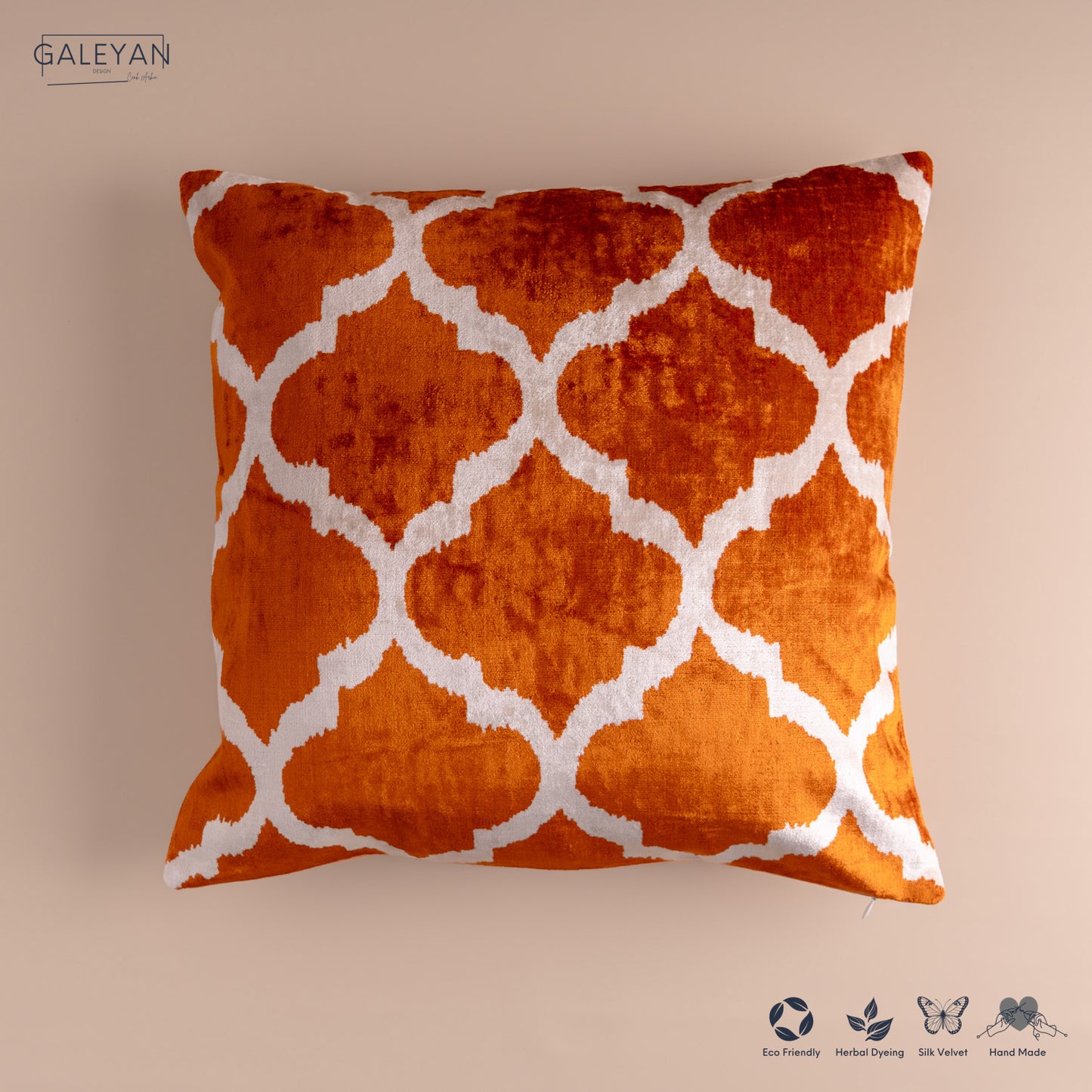 Silk Velvet Ikat Cushion – Off White/Amber