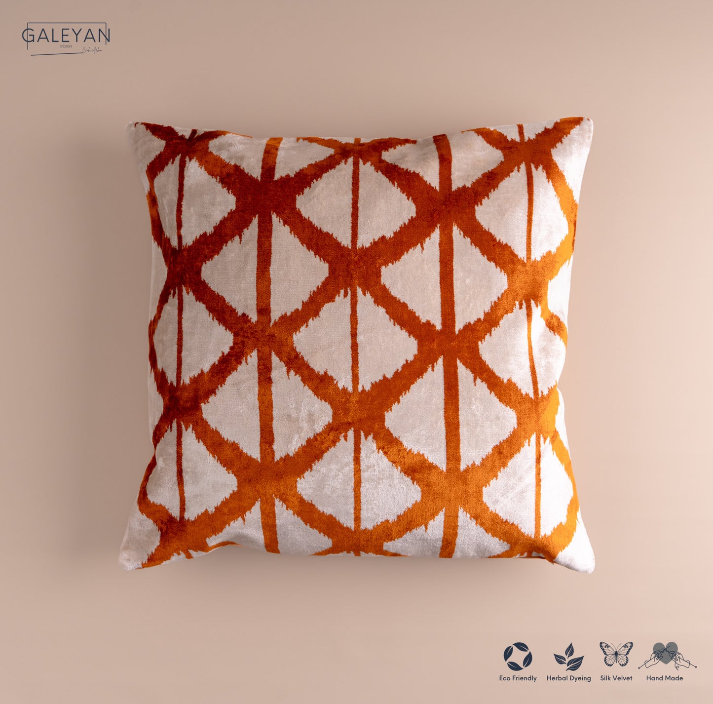 Silk Velvet Ikat Cushion – Off White/Amber