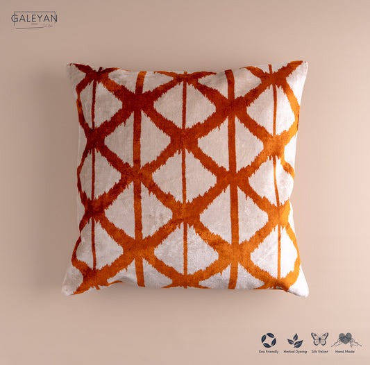 Silk Velvet Ikat Cushion – Off White/Amber