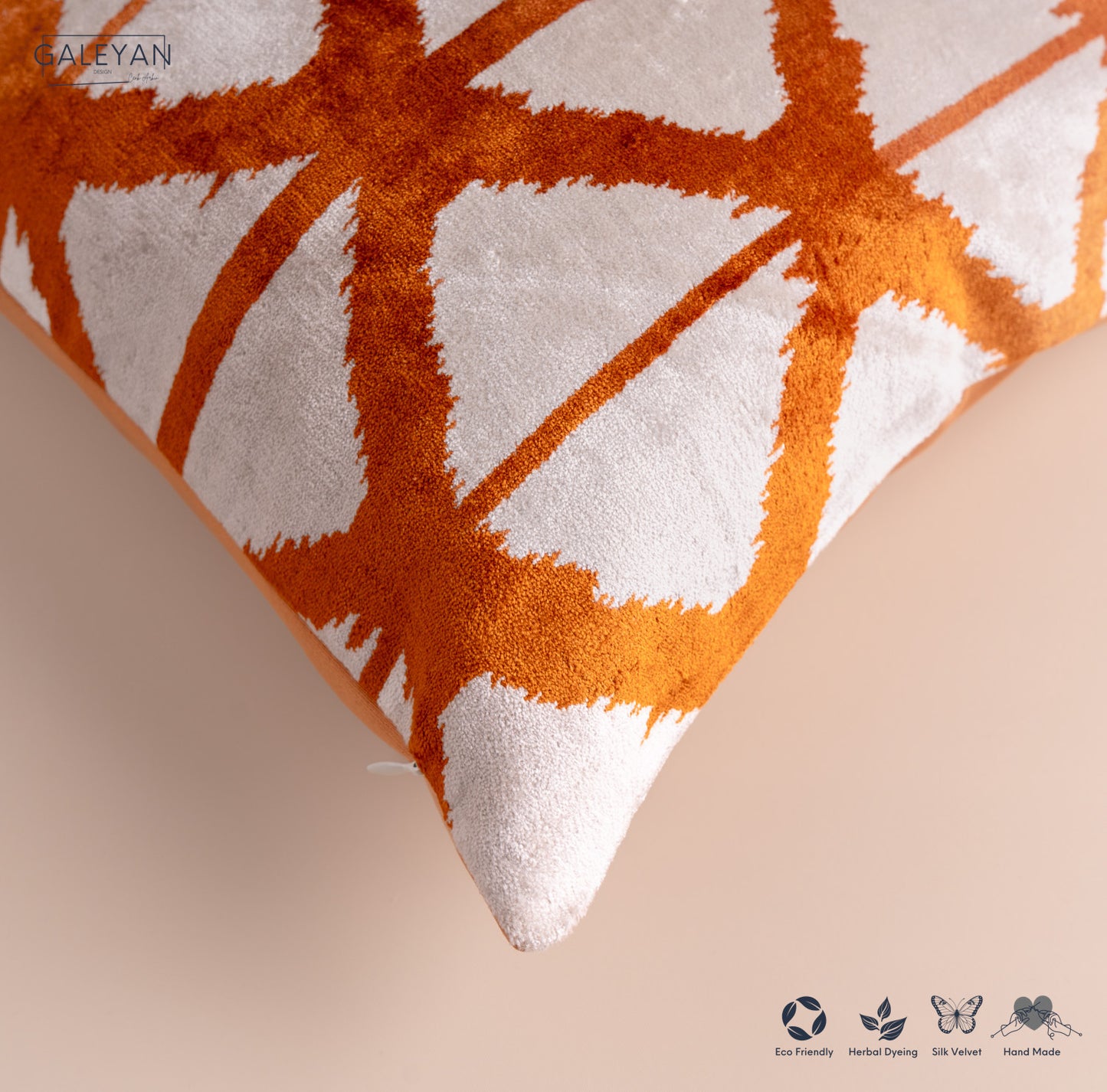 Silk Velvet Ikat Cushion – Off White/Amber