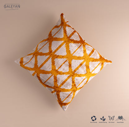 Silk Velvet Ikat Cushion – Off White/Saffron Gold