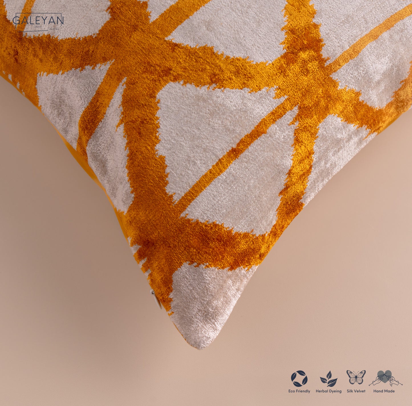 Silk Velvet Ikat Cushion – Off White/Saffron Gold