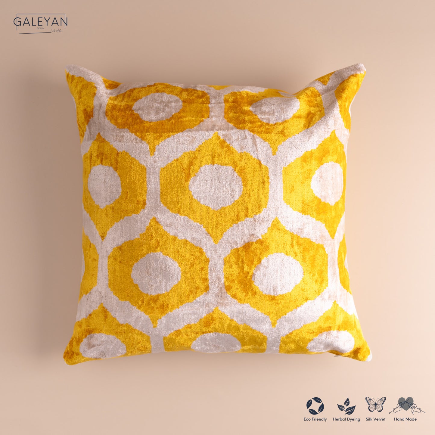 Silk Velvet Ikat Cushion – Off White/Yellow