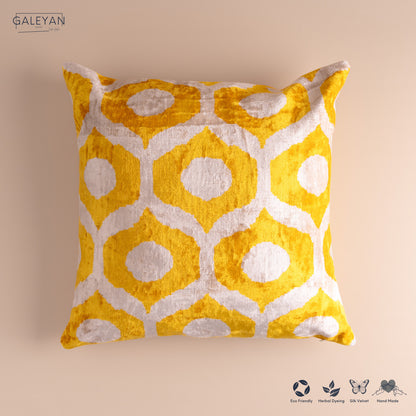 Silk Velvet Ikat Cushion – Off White/Yellow