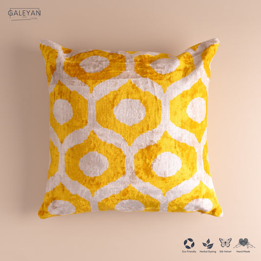 Silk Velvet Ikat Cushion – Off White/Yellow