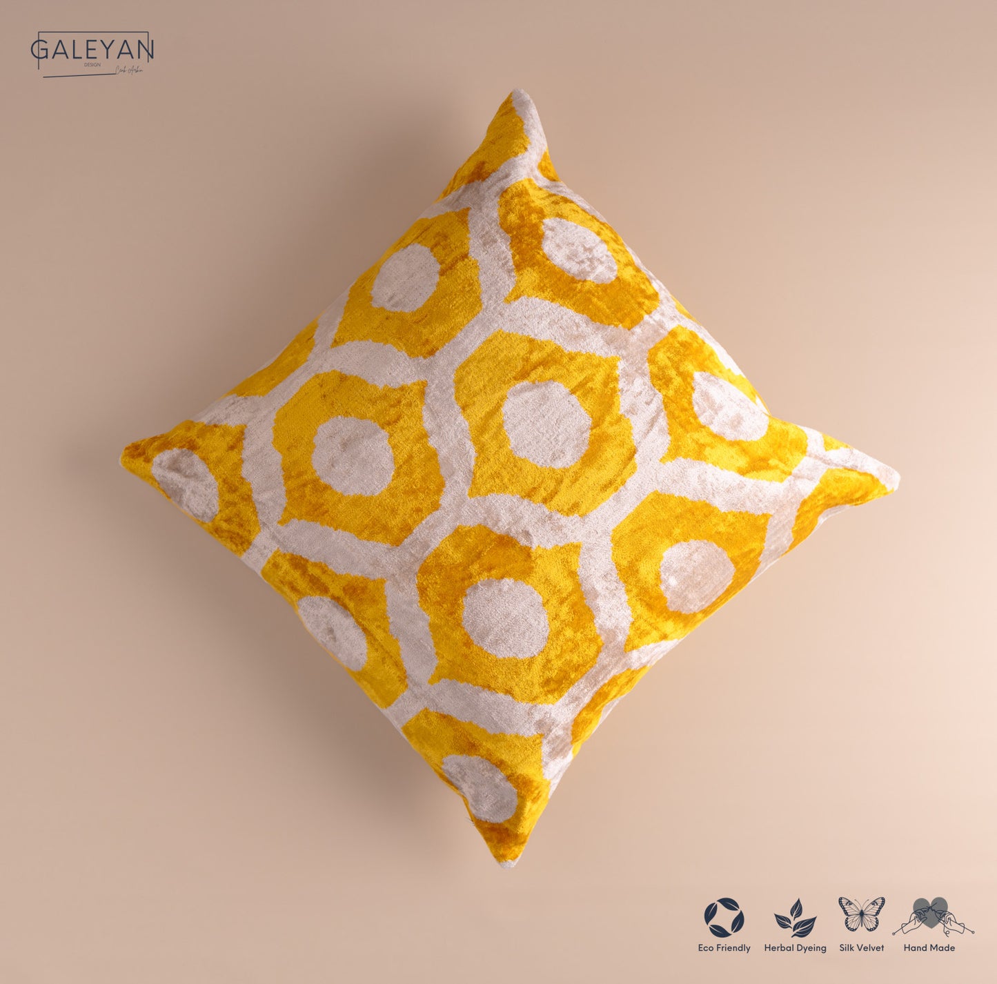 Silk Velvet Ikat Cushion – Off White/Yellow