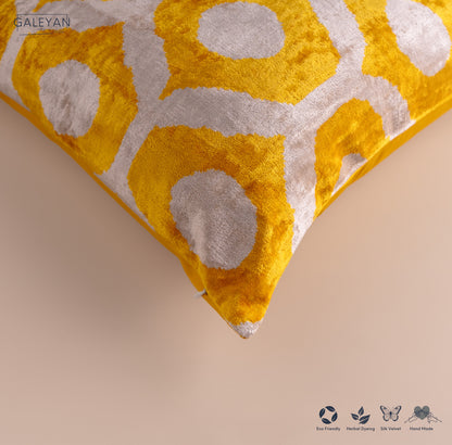 Silk Velvet Ikat Cushion – Off White/Yellow