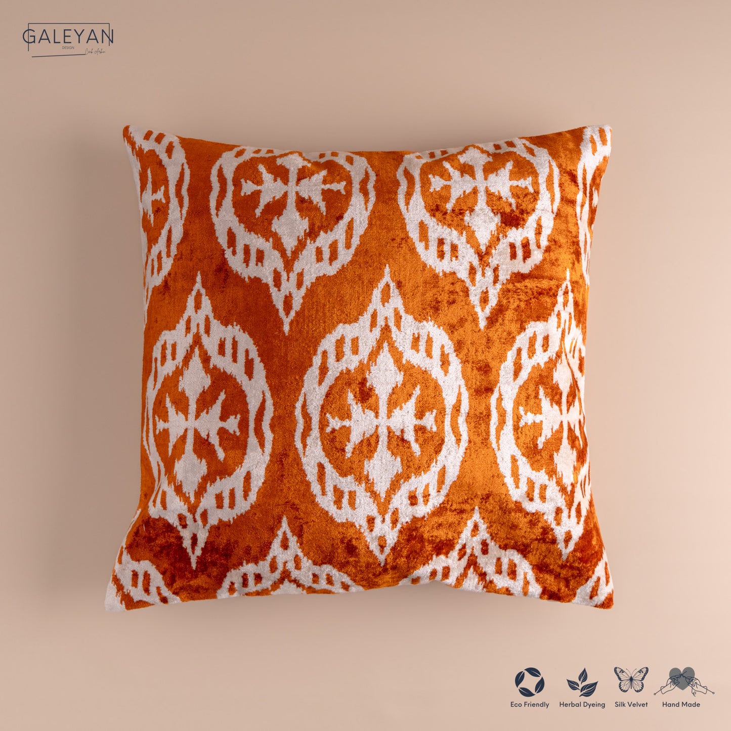 Silk Velvet Ikat Cushion – Off White/Amber