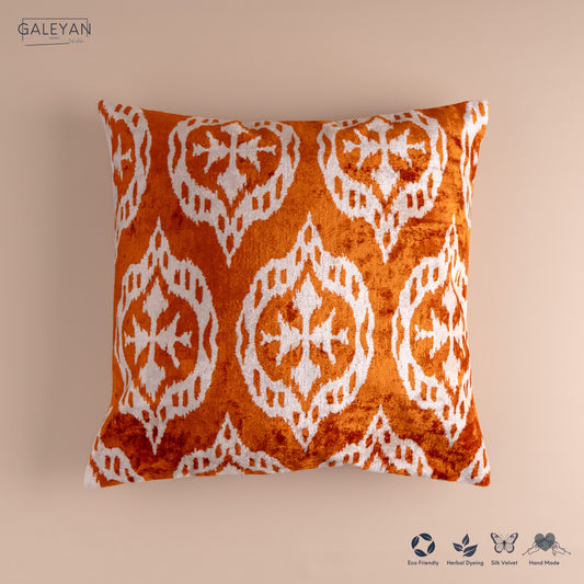 Silk Velvet Ikat Cushion – Off White/Amber