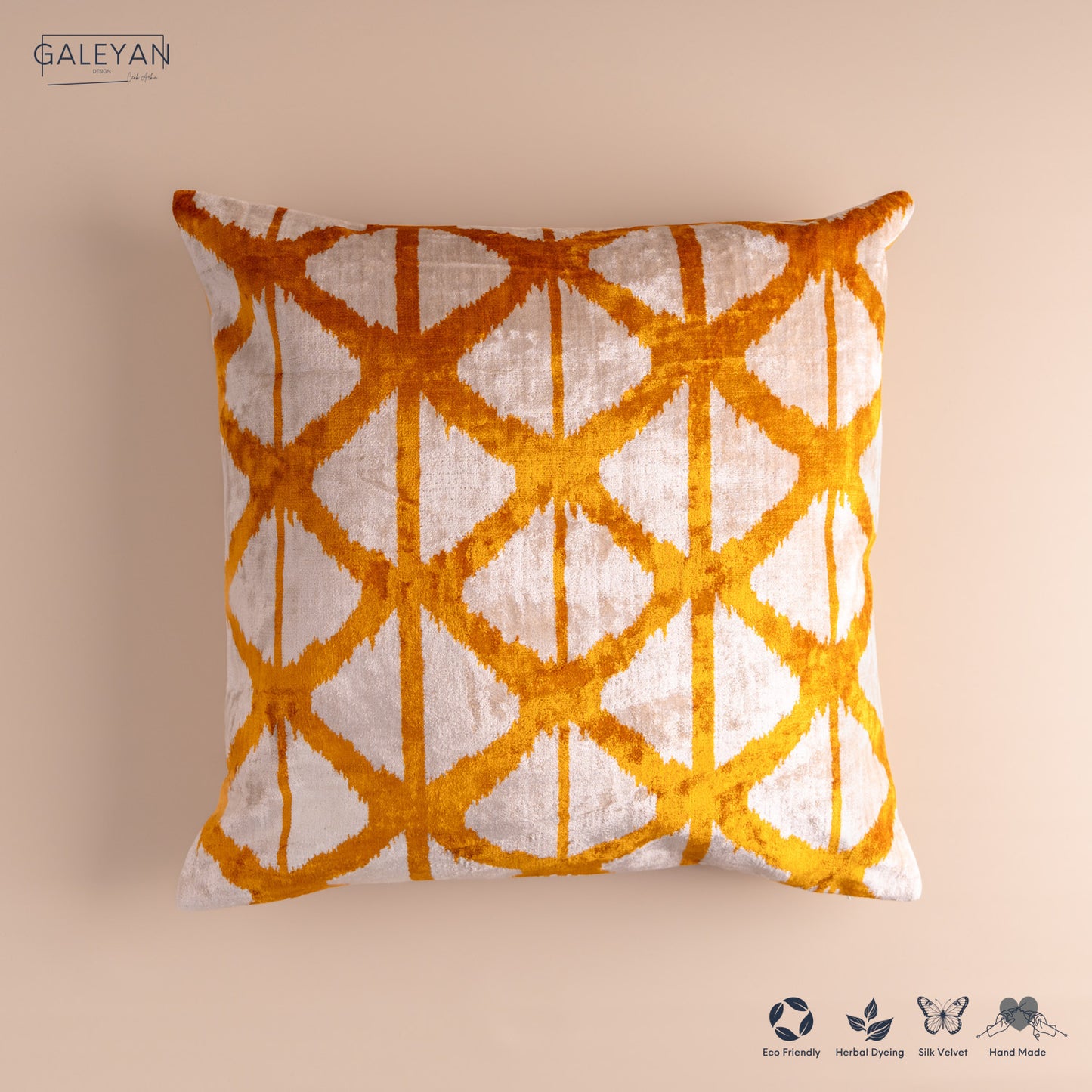 Silk Velvet Ikat Cushion – Off White/Saffron Gold