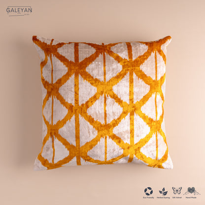 Silk Velvet Ikat Cushion – Off White/Saffron Gold