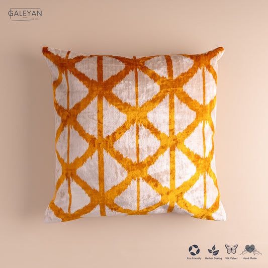 Silk Velvet Ikat Cushion – Off White/Saffron Gold