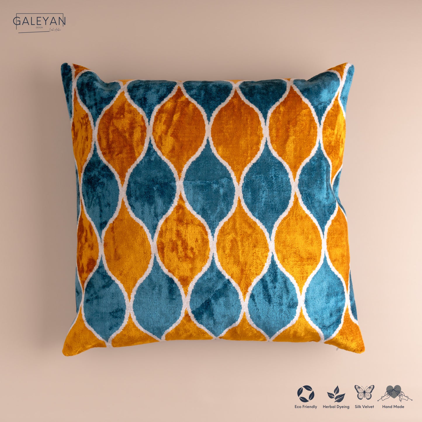 Silk Velvet Ikat Cushion – Off White /Saffron Gold/ Turquoise