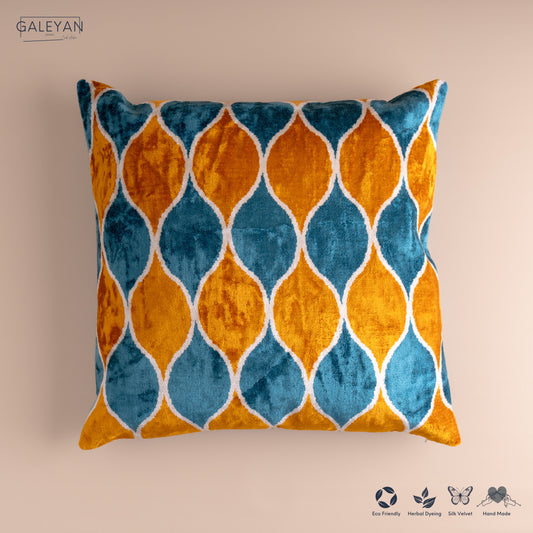 Silk Velvet Ikat Cushion – Off White /Saffron Gold/ Turquoise