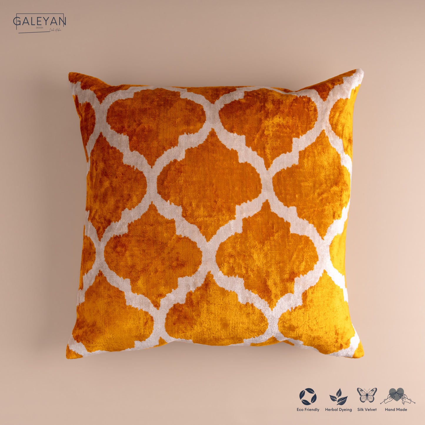 Silk Velvet Ikat Cushion – Off White /Saffron Gold