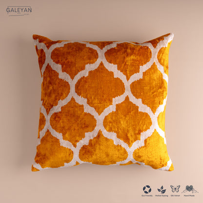 Silk Velvet Ikat Cushion – Off White /Saffron Gold